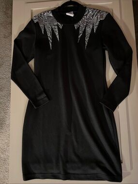 Black Long Sleeve Knit Dress with Vinyl Animal Print Detail